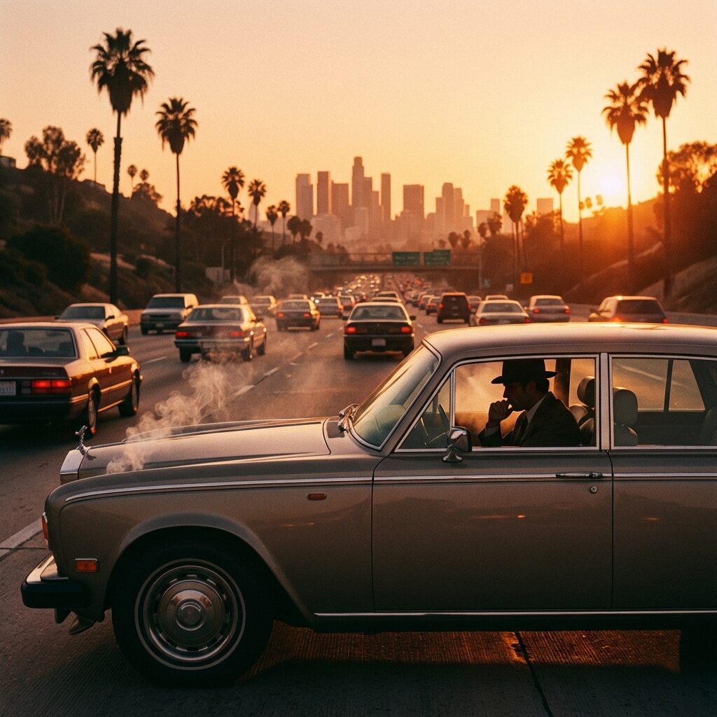A stylized vintage Rolls-Royce sedan on a California freeway at golden hour, thin wisps of smoke rising from beneath the car, the driver