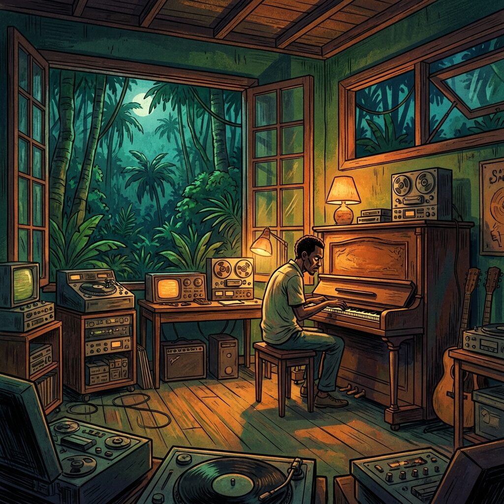 A stylized illustration of a tropical recording studio at night — lush jungle visible through open windows, moonlight filtering in. A lone figure sits at an upright piano in a warmly lit room, the posture suggesting late-night creative intensity. Vintage recording equipment surrounds the scene. The mood blends Caribbean warmth with an undercurrent of tension. Rich greens, warm ambers, and deep shadows.