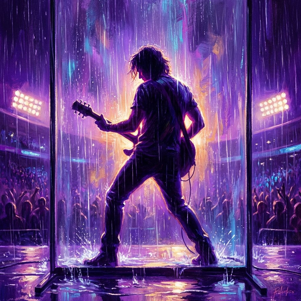 A stylized silhouette of a guitarist behind a translucent rain-soaked screen, dramatic backlighting creating a glowing purple and orange outline, rain pouring down in visible sheets, stadium lights visible in the background, the figure striking a dramatic pose with guitar, water splashing on the stage floor, painted in a cinematic style with deep purples, electric blues, and warm golden highlights