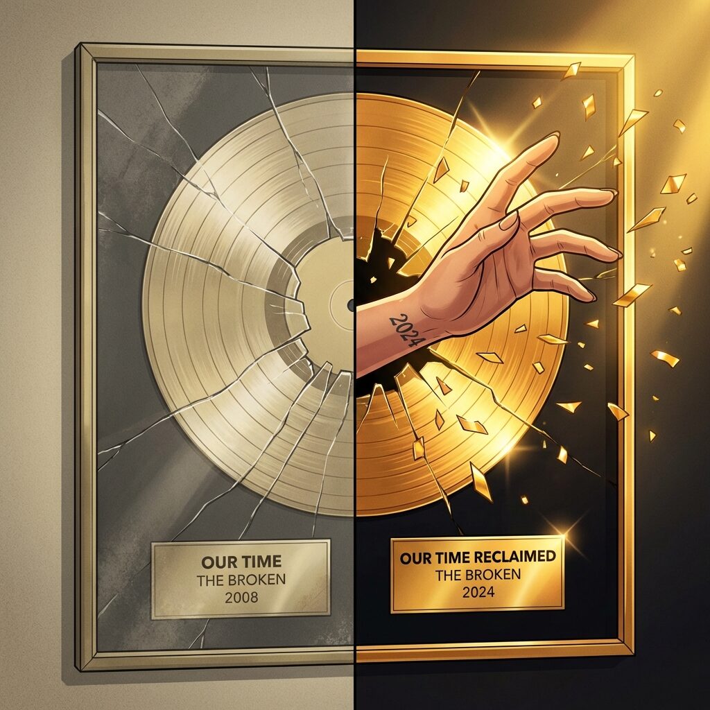 A stylized split-image illustration: on the left, a vintage 2008-era gold record plaque behind cracked glass, muted and faded colors; on the right, the same gold record but gleaming and new, vibrant warm gold tones, with a woman