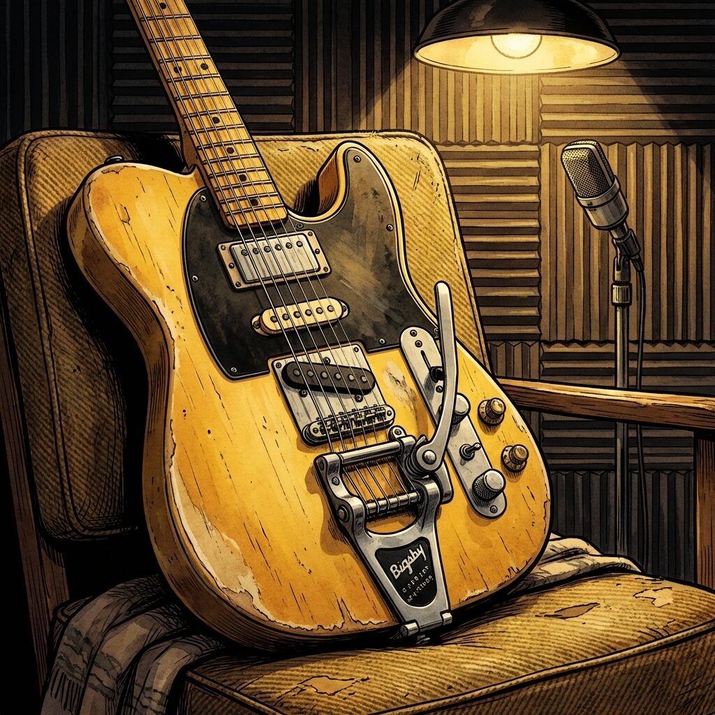 A close-up, stylized illustration of a vintage 1960s Fender Telecaster guitar, modified with additional hardware, resting on a studio chair. The background suggests a recording booth — foam acoustic panels, a dim overhead light, a single microphone stand. The composition is intimate and focused, celebrating the instrument itself. Warm yellows and ambers against deep shadows, slightly worn and road-tested aesthetic.