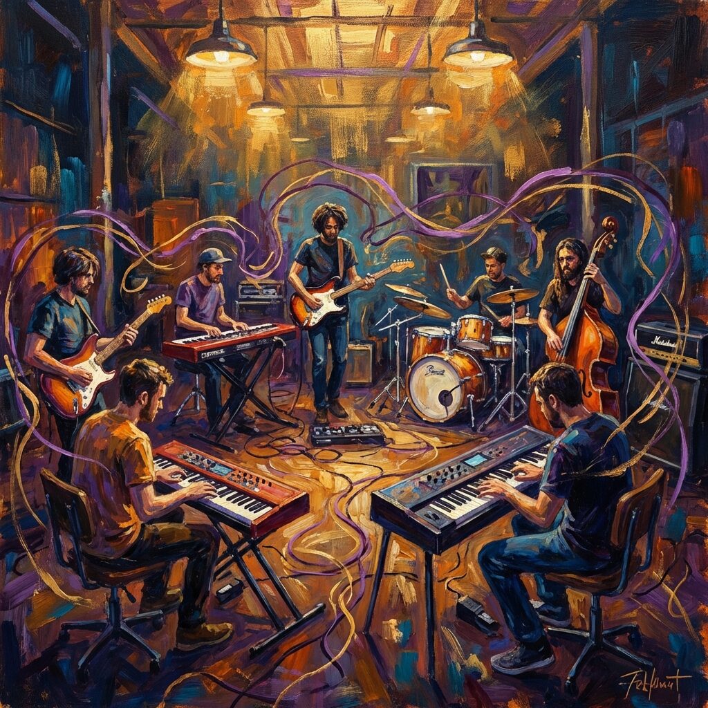 A stylized band rehearsal scene in a dimly lit warehouse space, multiple musicians playing together in a circle, electric guitars and keyboards visible, warm golden light from overhead fixtures, sense of creative energy and collaboration, instruments connected by swirling lines of purple and gold representing musical connection, painted in an expressive contemporary style