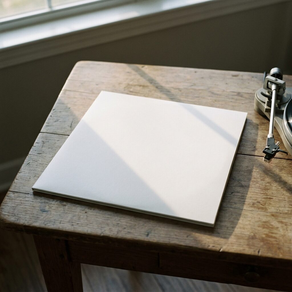 A minimalist still life of a plain white vinyl record sleeve on a bare wooden table, a turntable arm visible at the edge of frame, late afternoon window light casting long shadows, quiet and understated atmosphere, muted palette of whites and warm grays, evoking the album