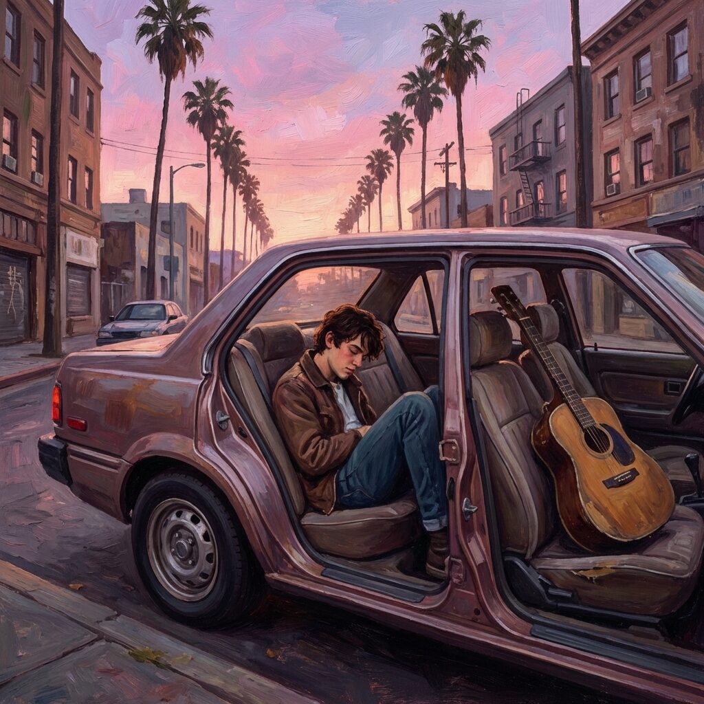 A stylized portrait of a young musician sleeping in the back seat of a beat-up sedan parked on a Los Angeles street at dawn, guitar case visible in the passenger seat, palm trees silhouetted against a pink and purple sky, warm but melancholy mood, cinematic lighting, slight haze, square composition, impressionistic oil painting style