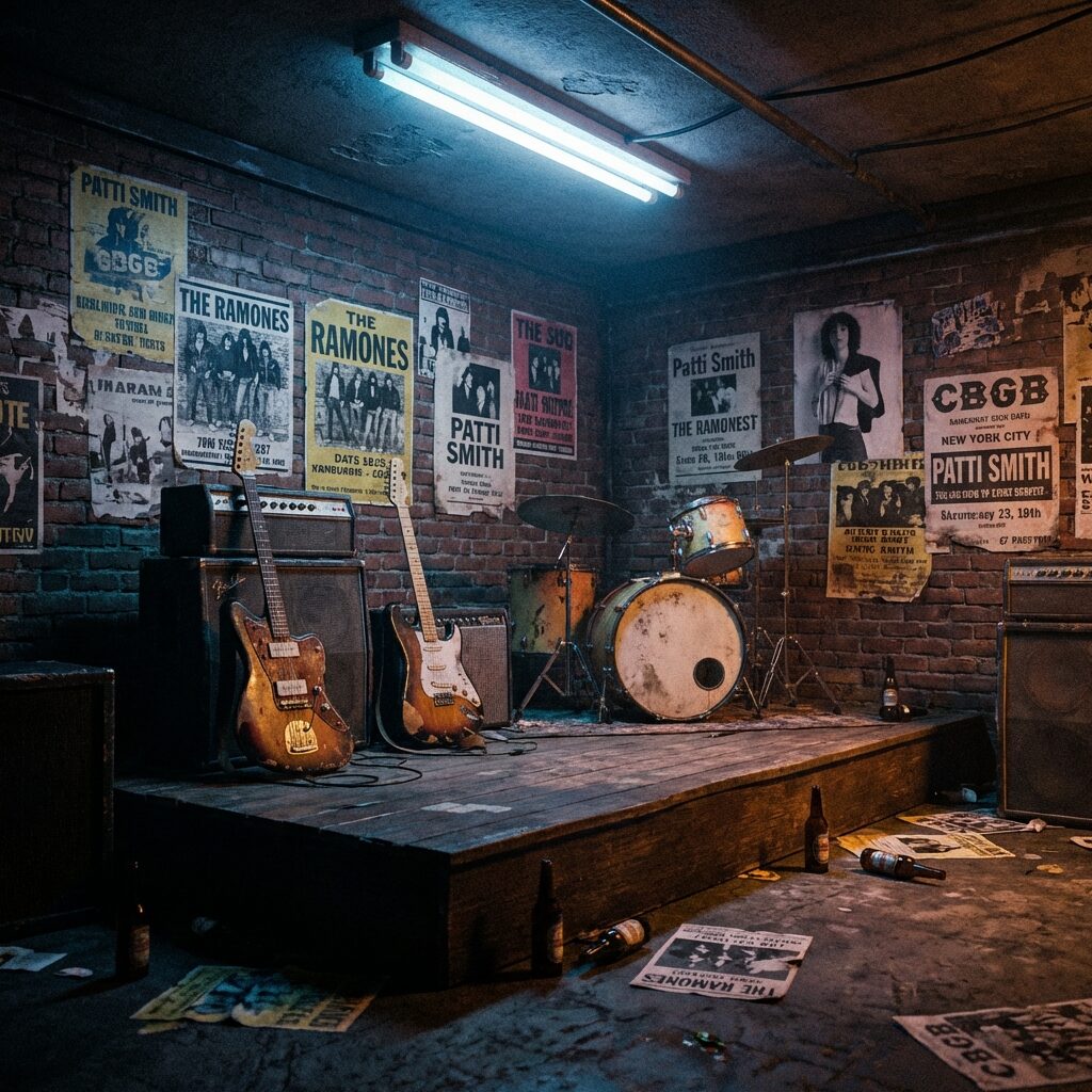 A stylized scene inside a dingy 1970s New York City punk club: a small wooden stage under bare fluorescent lights, two electric guitars (Fender Jazzmaster and Stratocaster) leaning against battered amplifiers, a sparse drum kit in the background, peeling concert flyers on brick walls, gritty atmosphere with warm amber and cool blue lighting, punk-era downtown Manhattan aesthetic.