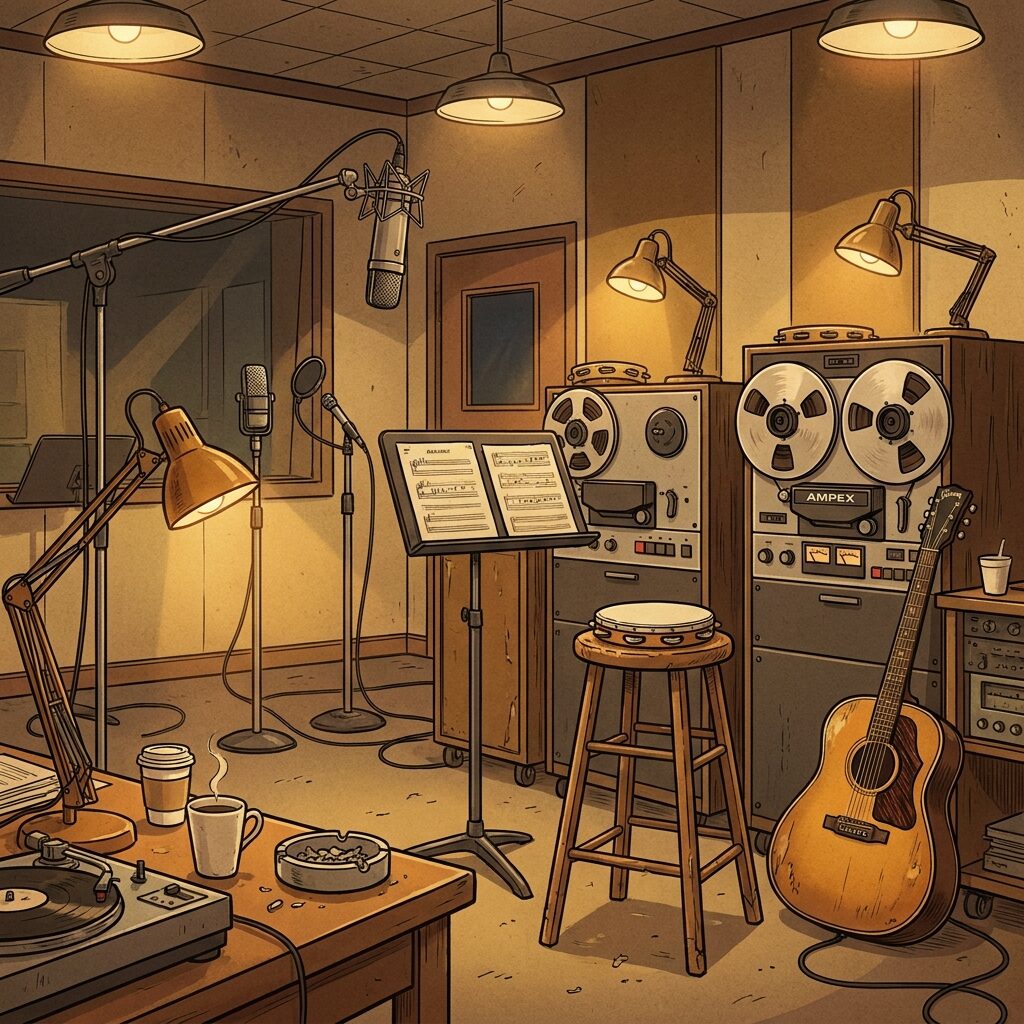 A stylized rendering of a late-1960s Hollywood recording studio interior, vintage microphones and reel-to-reel tape machines, warm incandescent lighting, a tambourine and acoustic guitar leaning against a stool, muted golds and browns, the atmosphere of a quiet late-night session