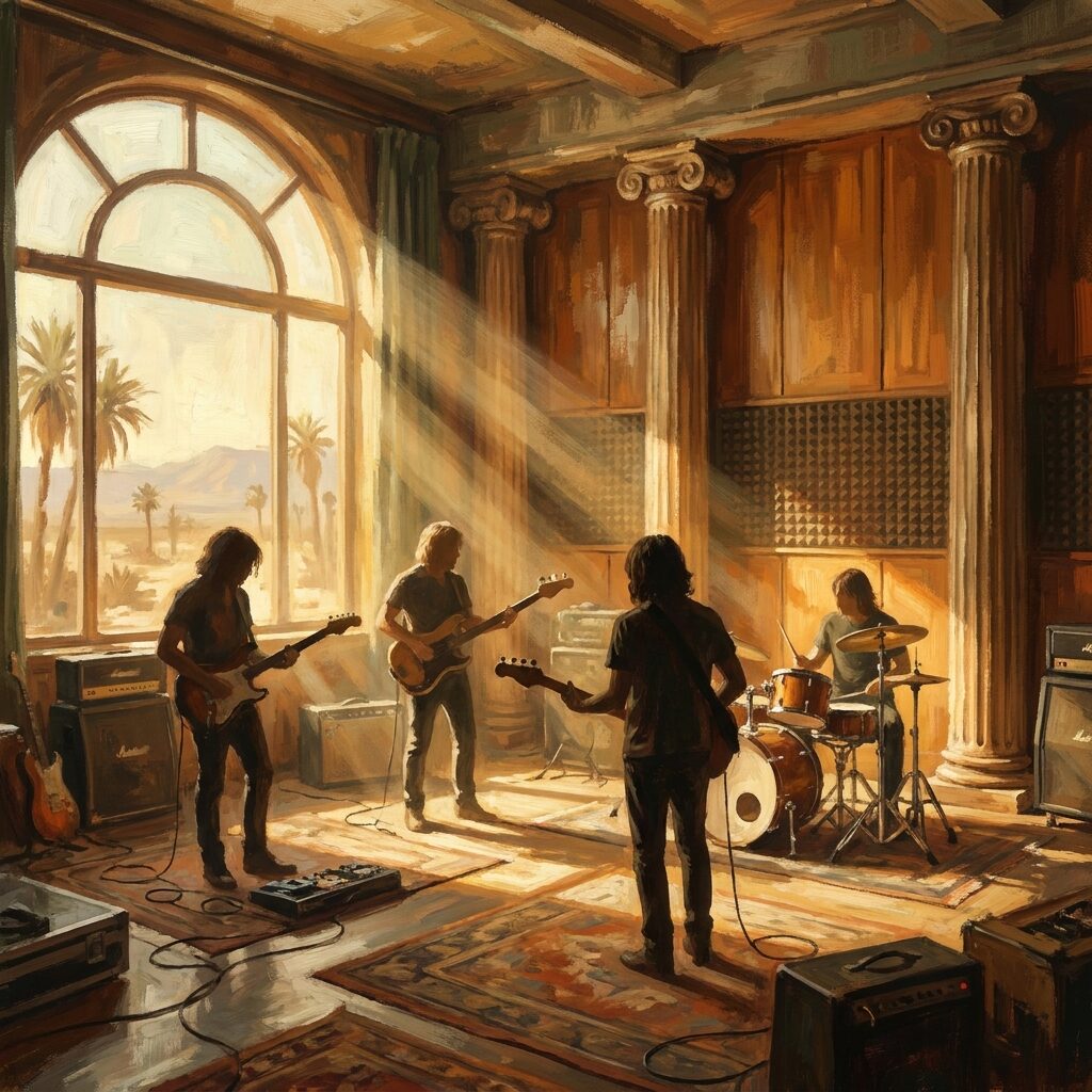 A stylized artistic rendering of a rock band rehearsing inside a sun-drenched Los Angeles recording studio with faux Greek columns and warm wood paneling. Four musicians are shown in silhouette — guitars, bass, drums — with golden California light streaming through a window. Desert landscape visible outside. The mood is creative intensity mixed with laid-back California warmth. Muted earth tones and amber light dominate. No text, artistic style, slightly impressionistic.