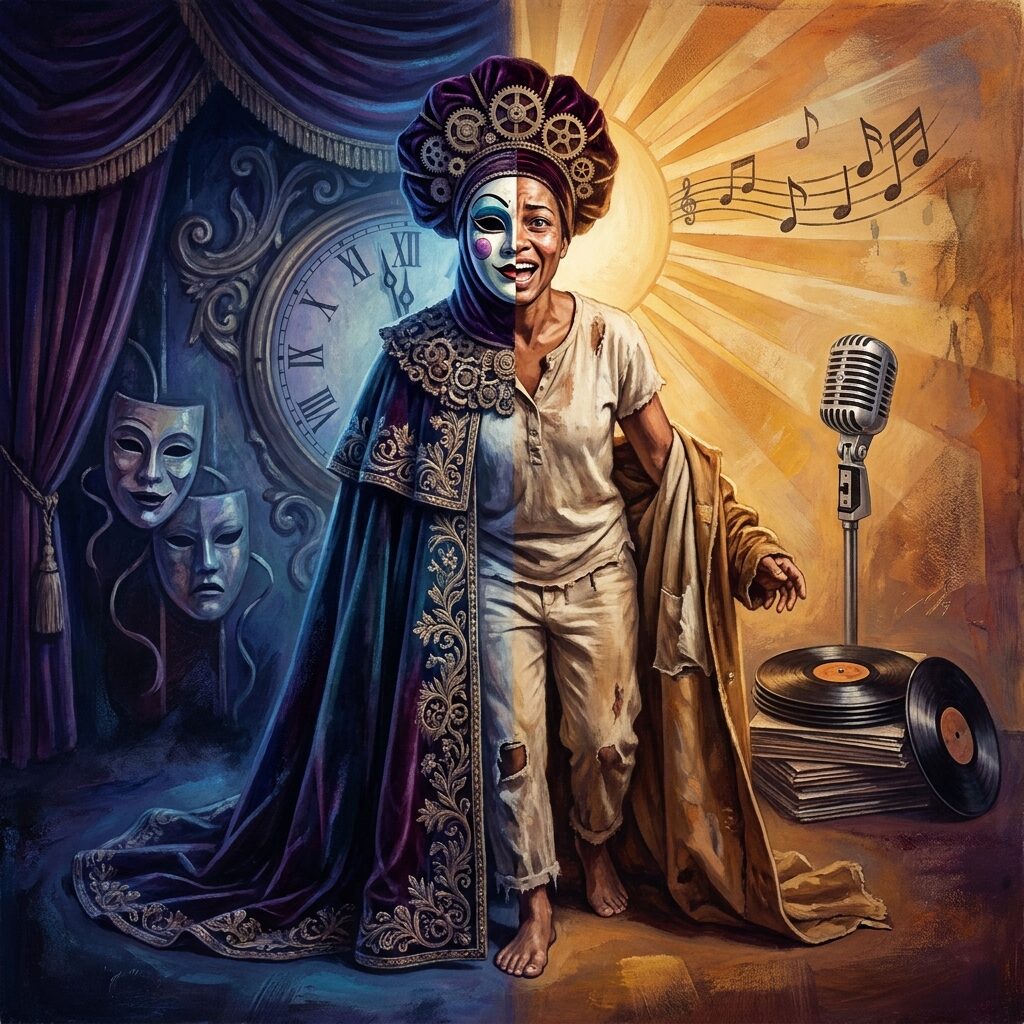 A stylized portrait of a theatrical performer shedding an elaborate costume, revealing a simpler figure beneath, set against a split background — one half dark and ornate with prog-rock imagery like masks and elaborate staging, the other half bright and warm with soul music motifs like vinyl records and a Stax Records-style microphone, artistic and symbolic, warm amber lighting on one side and cool blue on the other