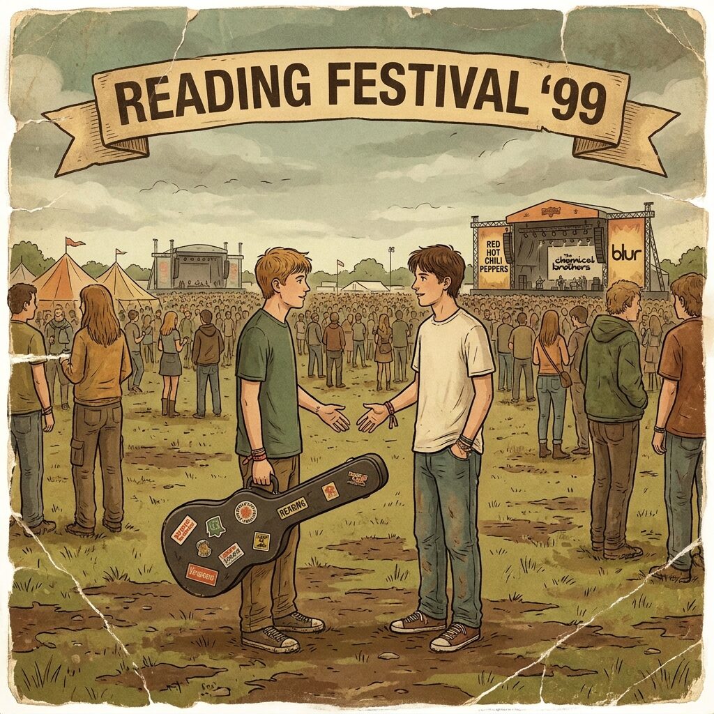A stylized illustration of the 1999 Reading Festival grounds, muddy field with distant stages and tents, two young men in their late teens meeting amid the crowd, one holding a guitar case, festival wristbands visible, overcast British sky, the scene rendered in a warm nostalgic style with muted greens and browns, vintage festival poster aesthetic with worn edges