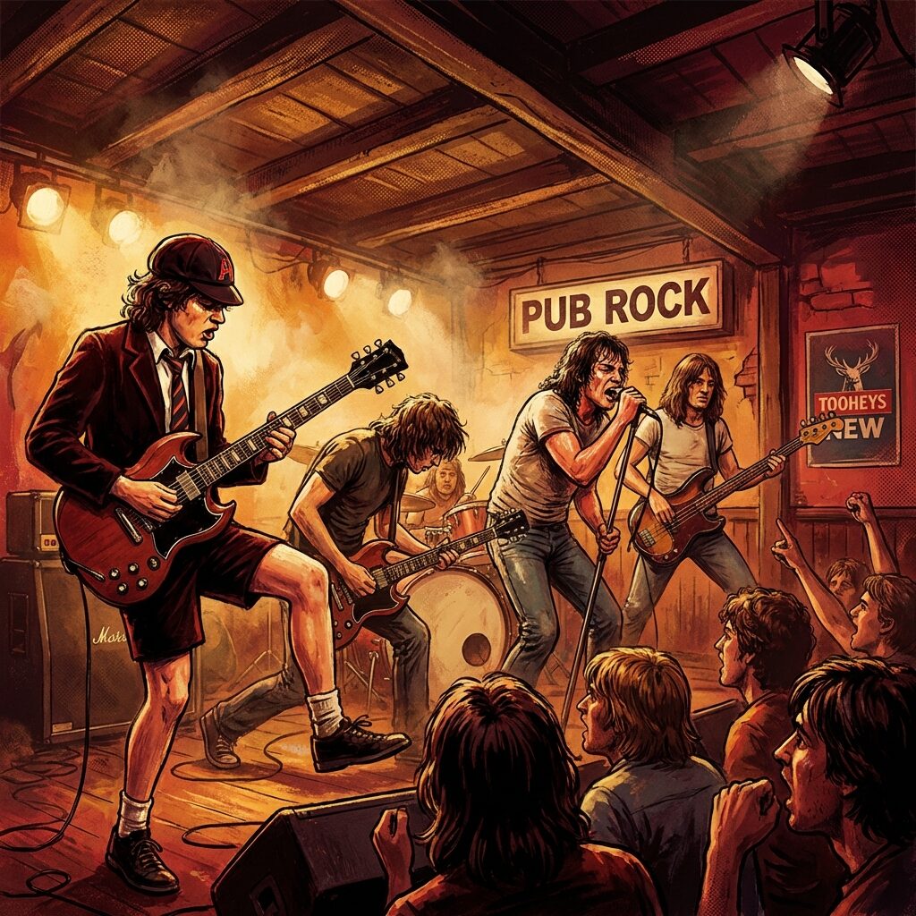 A stylized illustration of a five-piece rock band performing in a cramped, sweaty Australian pub in the mid-1970s. Low ceiling with exposed beams, hazy atmosphere. A guitarist in a schoolboy uniform on a small wooden stage, another guitarist hunched over his instrument with intense focus. Audience pressed close to the stage. Warm amber and deep red lighting. Gritty, energetic mood. Painterly rock poster aesthetic with visible brushstrokes.