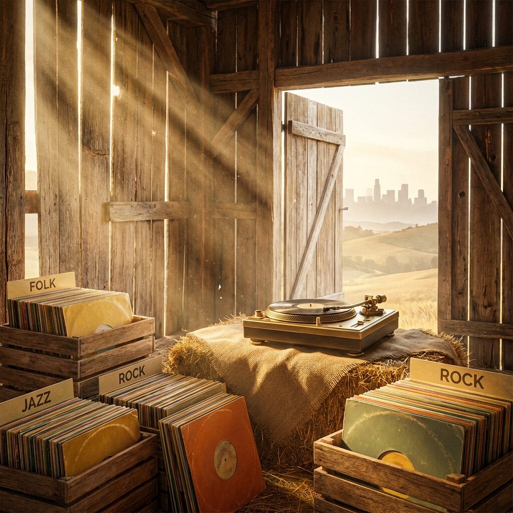 A stylized artistic interior of a rustic wooden barn filled with crates of vinyl records, morning sunlight streaming through gaps in the wooden slats. Dust motes float in golden light beams. Stacks of colorful record sleeves are visible in open crates, some leaning against the barn walls. A vintage record player sits on a hay bale in the center. The view through the barn door shows rolling hills and a distant cityscape below. Warm, nostalgic color palette of golds, browns, and soft greens.