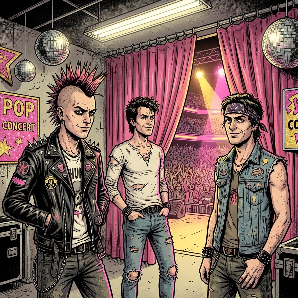 A stylized illustration of three young men in a punk rock aesthetic — ripped jeans, leather jackets, sneakers — standing backstage at a massive arena concert in the mid-1980s. They look out of place amid pop music trappings: pink curtains, disco lights visible in the background. The lighting is harsh fluorescent backstage mixed with warm stage glow. The mood is defiant and amused. Illustrated in a bold graphic novel style with muted tones and splashes of neon pink and yellow.