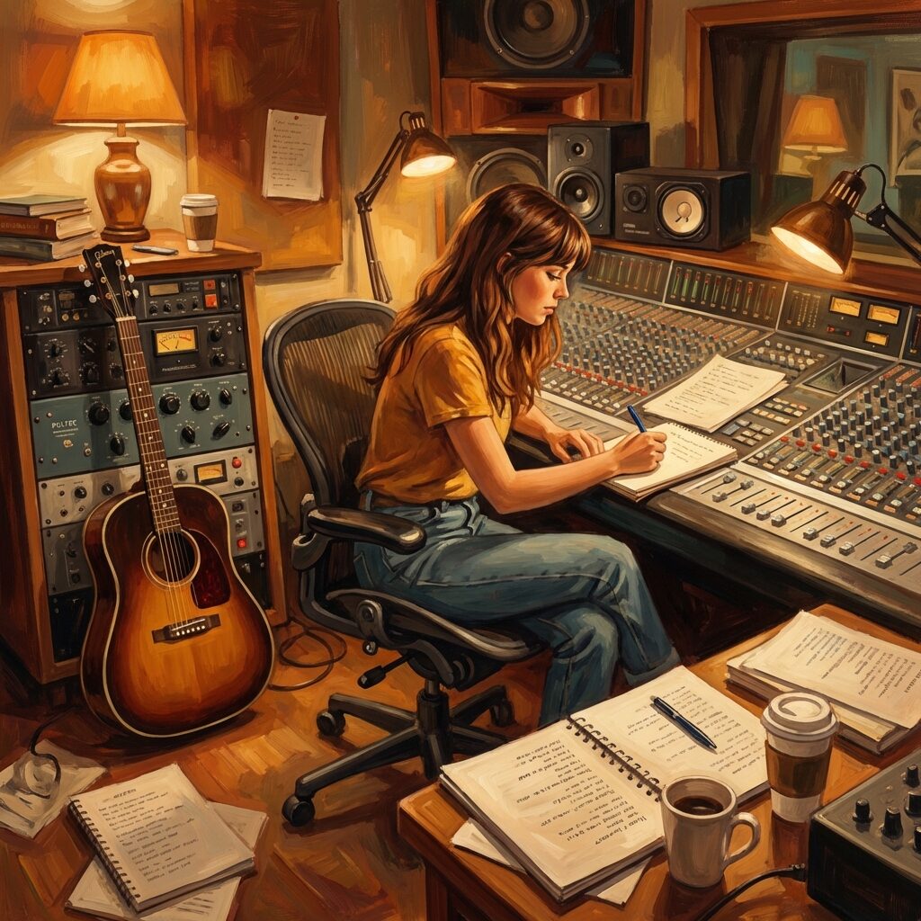 A stylized artistic portrait of a young female songwriter-producer in a cozy, cluttered Nashville recording studio circa 2008, sitting at a mixing console with an acoustic guitar leaning nearby, warm amber lighting from desk lamps, vintage outboard gear on shelves, notebooks and lyric sheets scattered around, intimate creative atmosphere, painterly illustration style