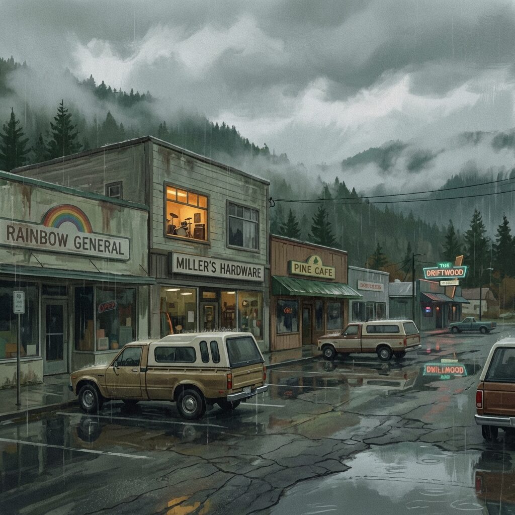A moody, atmospheric illustration of a rain-soaked small-town main street in the Pacific Northwest, 1980s era. Faded storefronts, pickup trucks, overcast grey sky with low clouds hanging over evergreen-covered hills in the background. A single lit window glows warmly from what appears to be a small music rehearsal space above a shop. Puddles on the cracked asphalt reflect neon from a distant bar sign. The mood is isolated, restless, and deeply atmospheric. Muted greens, grays, and one warm amber accent. Square format, painterly illustration style.