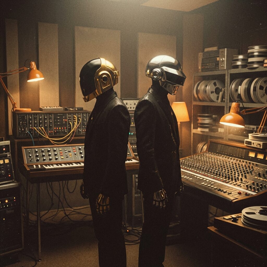 A stylized artistic rendering of two figures in sleek robot helmets — one gold, one silver — standing in a dimly lit vintage recording studio from the late 1970s. They
