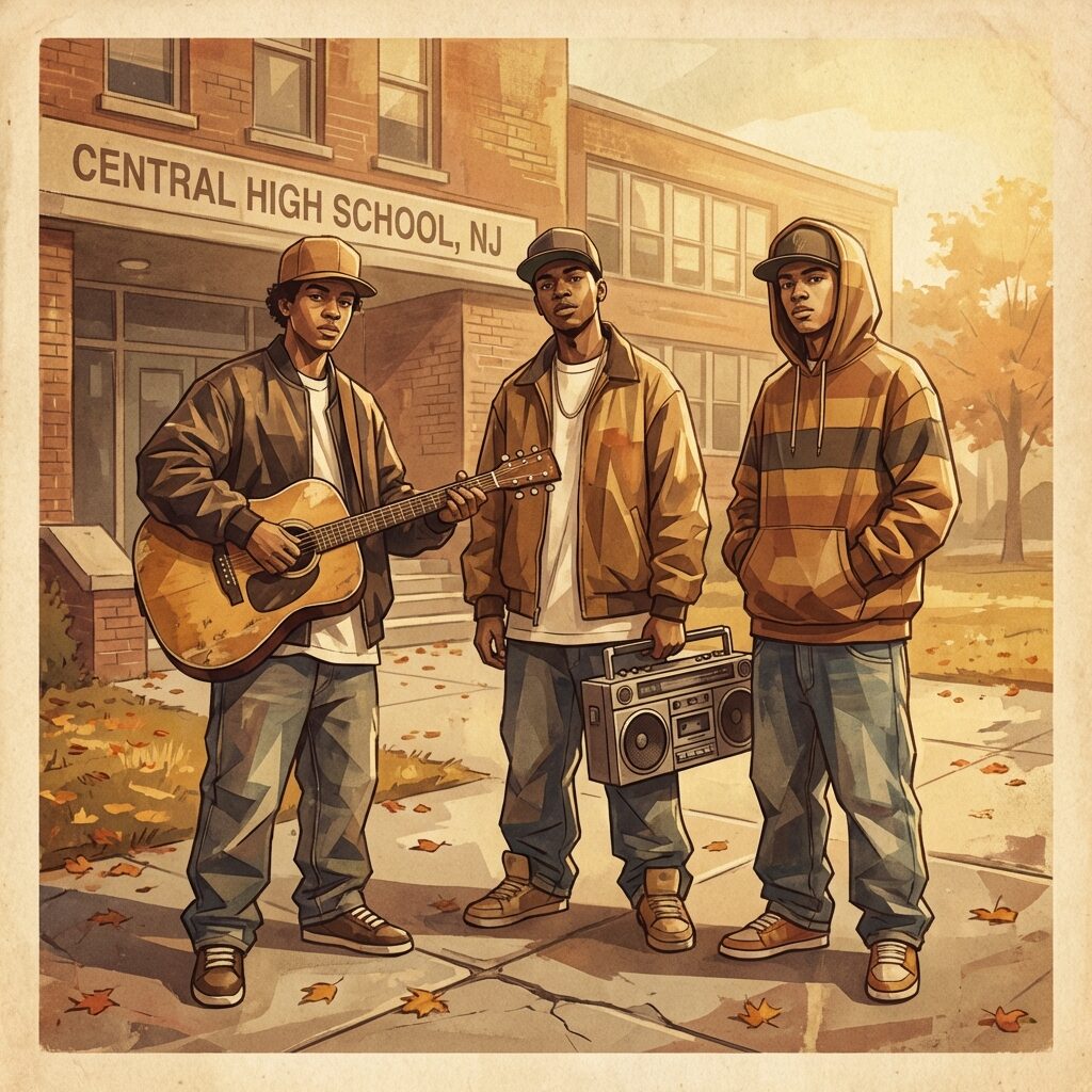 A stylized artistic rendering of three young musicians in early 1990s hip-hop fashion standing in front of a New Jersey high school, one holding an acoustic guitar, warm afternoon light, autumn leaves on the ground, muted vintage color palette with warm browns and golds, artistic portrait style with slight geometric abstraction, nostalgic atmosphere, square composition