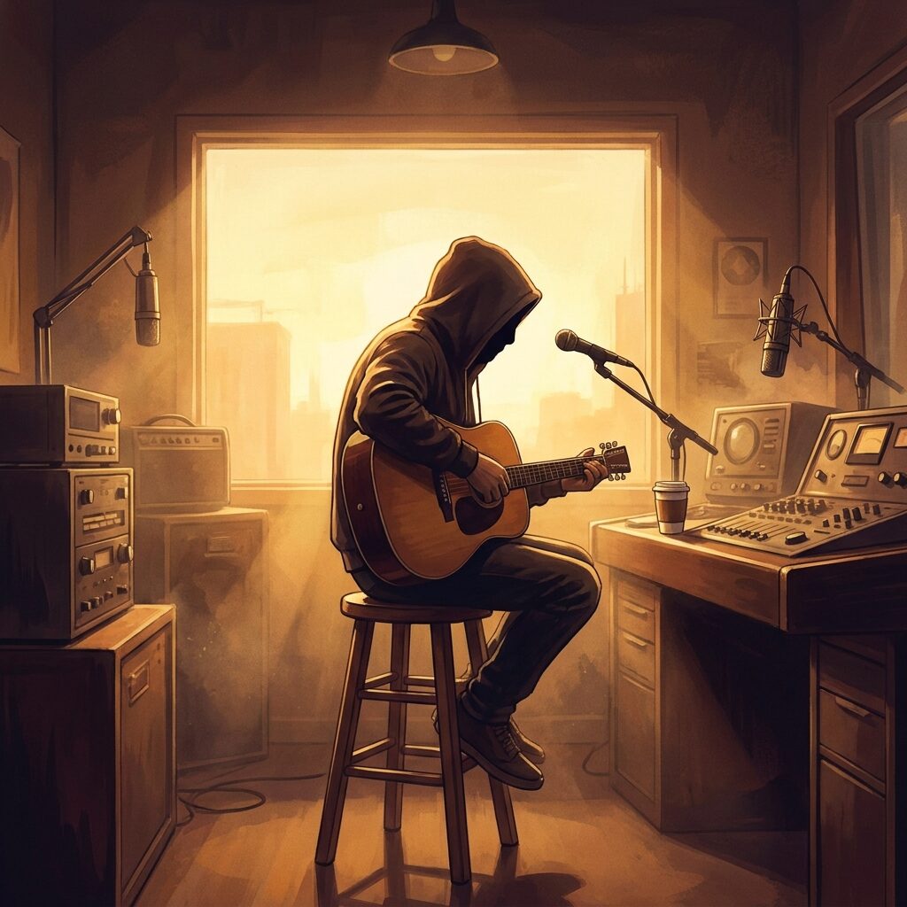 A lone musician sitting on a stool in an empty radio studio at dawn, acoustic guitar in hand, early morning light streaming through a window, vintage radio broadcasting equipment and microphones surrounding them, coffee cup on the console, intimate and quiet atmosphere, warm golden tones, stylized artistic rendering, no identifiable face