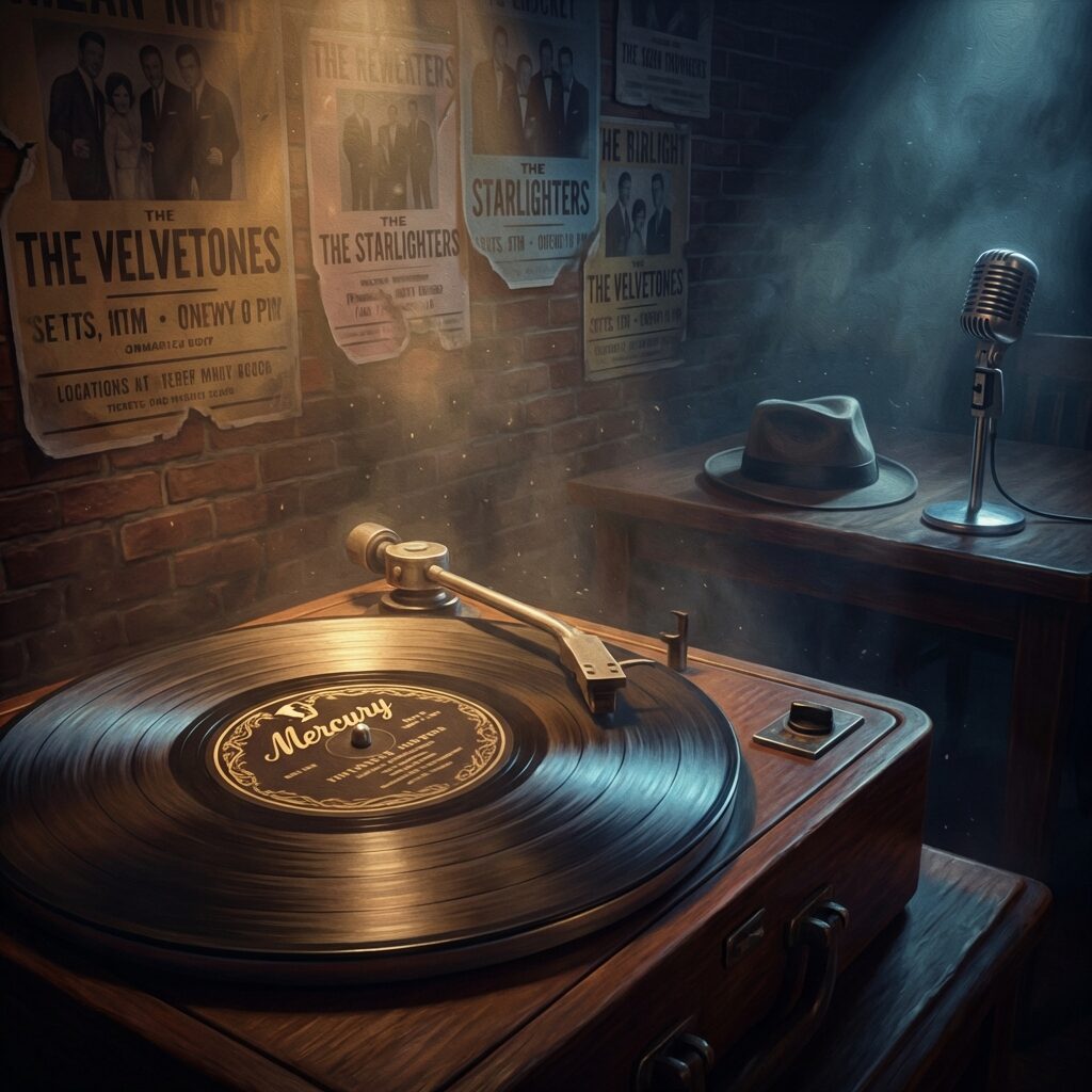 A stylized artistic rendering of a vintage 1950s vinyl record spinning on an old turntable, with an ornate Mercury Records label visible on the disc. The turntable sits in a dimly lit room with moody blue and amber lighting. Faded concert posters for fictional doo-wop groups line the walls behind it. A fedora hat and a vintage microphone stand are visible in the shadows. The scene evokes mid-century romance and mystery, with a cinematic noir quality.