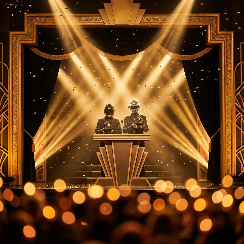 A stylized scene of a grand awards ceremony stage bathed in golden light. Two figures in gleaming robot helmets — one gold, one silver — stand at a podium holding golden gramophone trophies, surrounded by dramatic spotlights cutting through theatrical haze. The audience area is suggested by soft bokeh lights in warm tones. Confetti catches the light as it falls. The mood is triumphant and surreal — machines winning the most human of accolades. Art deco styling, rich golds and deep blacks, cinematic composition. No text, no recognizable faces except the stylized helmets.