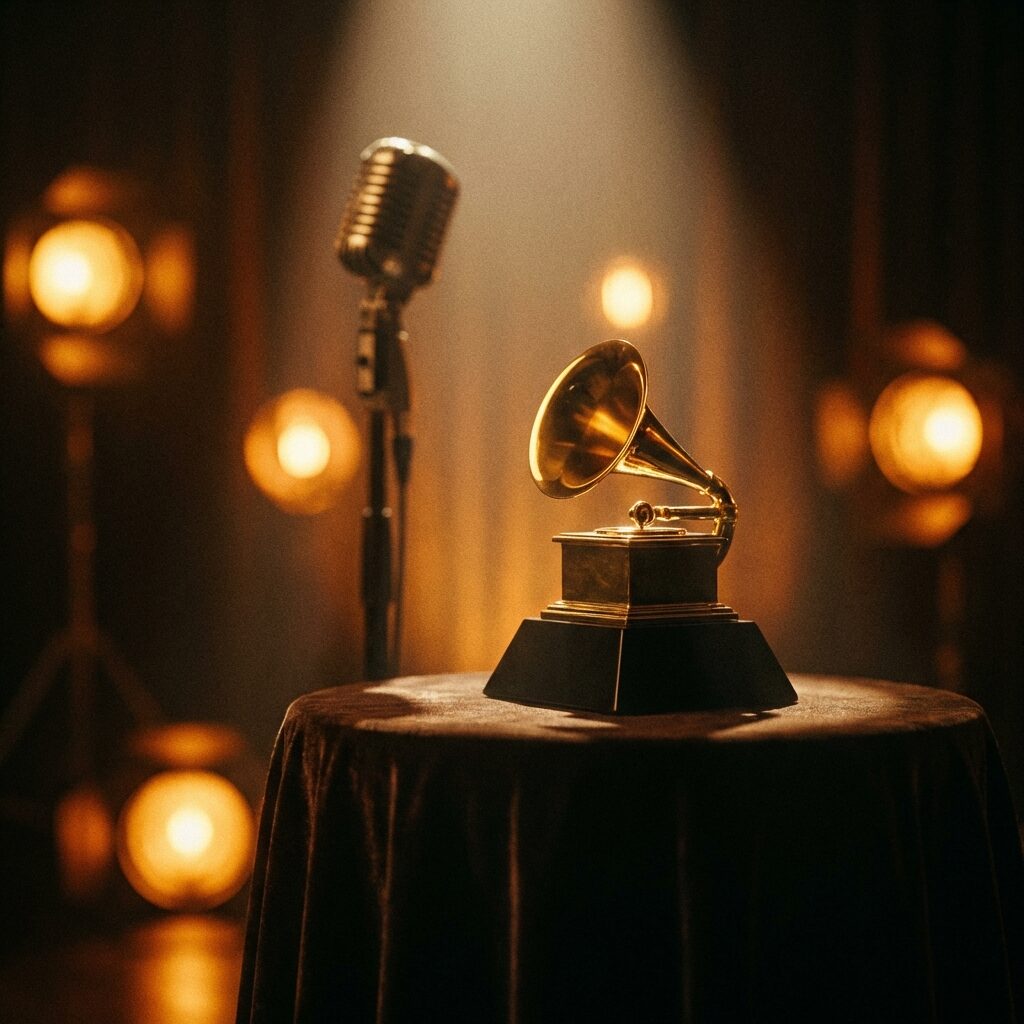 A stylized artistic scene of a golden Grammy Award trophy spotlit on a dark stage, surrounded by soft bokeh lights in warm amber and gold, a vintage microphone stand visible in the background, dramatic theatrical lighting with deep shadows, the atmosphere of a 1990s awards ceremony, elegant and celebratory mood, rich warm tones, square composition