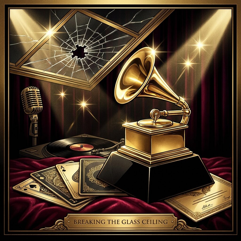 A stylized Grammy award trophy in gleaming gold standing next to a glass ceiling with visible cracks in it. Below the trophy, various awards and accolades are arranged like playing cards fanned out on a velvet surface. A microphone and turntable are positioned in the background. The lighting is dramatic with spotlights creating star-burst effects. Rich gold, black, and deep red color palette. Square format, luxurious illustration style with metallic textures.