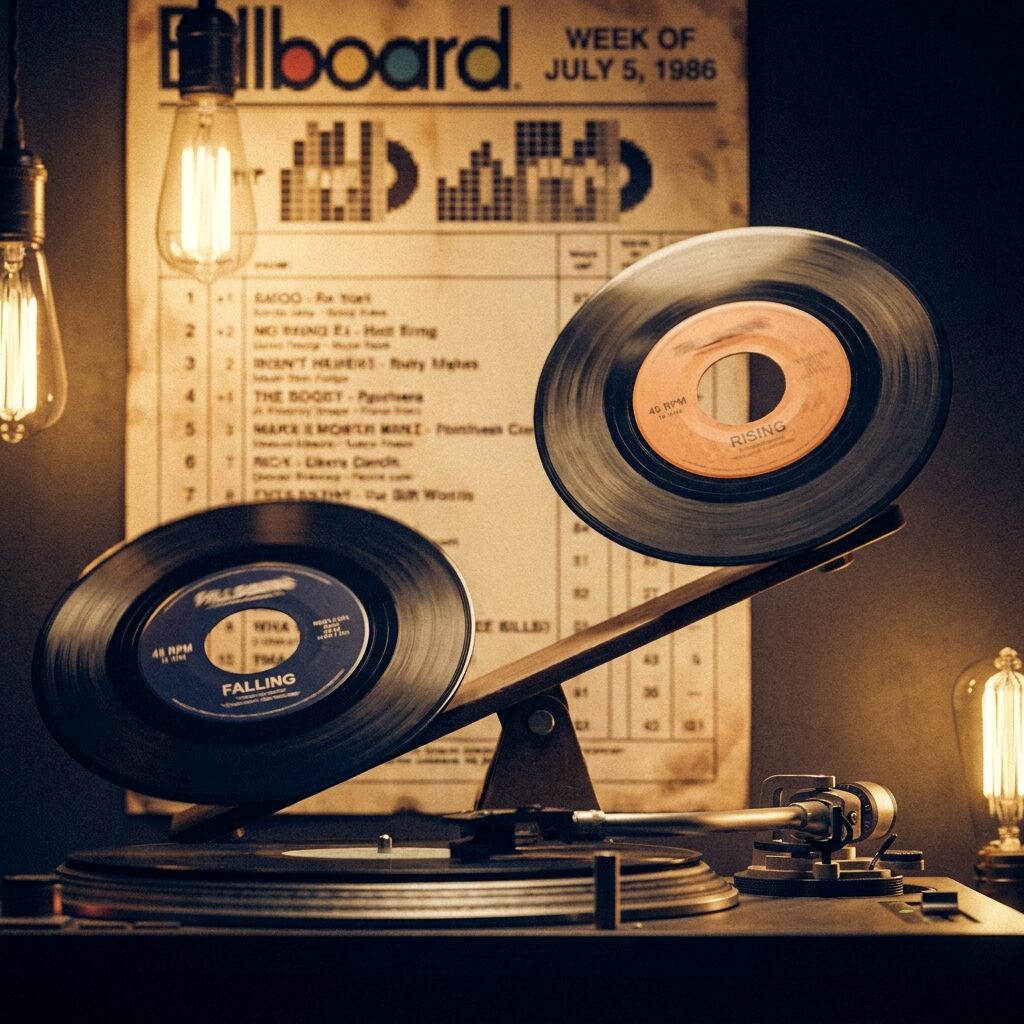 A stylized artistic scene of two vinyl 45 RPM singles on a turntable, one rising and one falling like a seesaw or balance scale, set against a backdrop of a 1986-era Billboard chart with blurred text, warm retro lighting in golds and deep blues, the composition suggesting rivalry and succession, vintage aesthetic with slight film grain