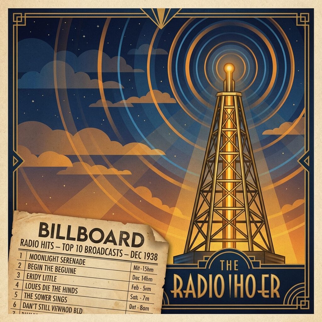 A stylized vintage radio tower broadcasting signals against a twilight sky, concentric radio waves emanating outward, a Billboard chart partially visible in the foreground printed on aged paper, warm amber and deep blue color palette, art deco inspired geometric design elements, square composition, retro poster illustration style