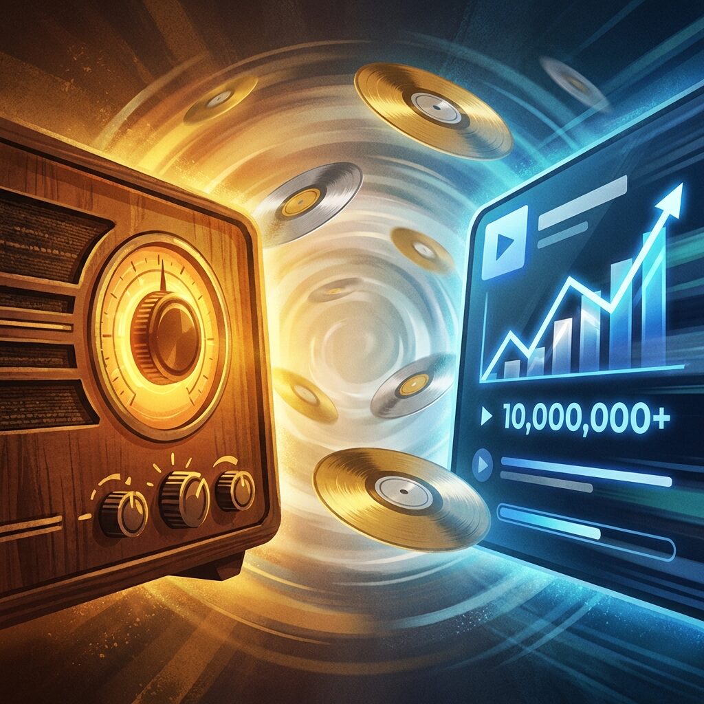 A stylized illustration of a vintage radio dial and a modern streaming interface merging together. On the left, a warm-toned analog radio with a glowing amber tuning dial and wooden casing. On the right, a cool-toned digital streaming dashboard showing upward-trending graphs and play count numbers blurring with speed. Gold and silver vinyl records float between the two worlds. The mood is triumphant — numbers climbing, records breaking. Rich contrast between warm analog amber and cool digital blue. No text, no recognizable faces.