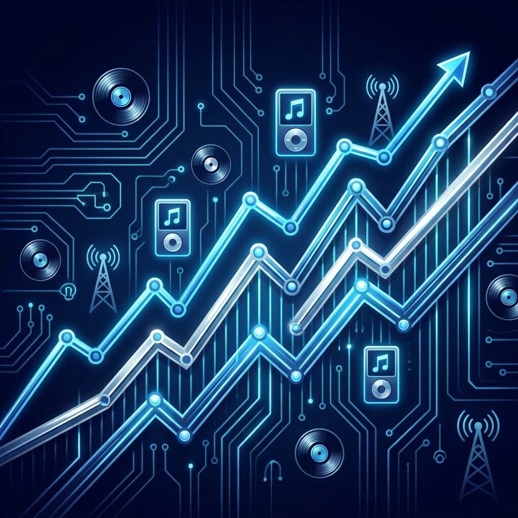 A stylized illustration of a streaming counter or chart display showing numbers climbing upward, rendered in a retro-futuristic style. Multiple chart lines rising on a dark background with glowing data points. Small vinyl records, digital music player icons, and radio tower silhouettes are scattered in the composition. Color palette of deep navy blue with bright electric blue and white accent lines. The mood is triumphant but understated. No text, no real faces.