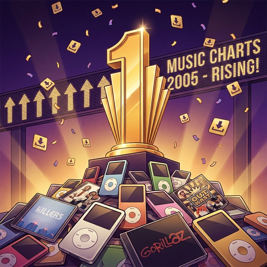 A stylized illustration of a gleaming gold trophy shaped like a number 1, sitting atop a mountain of miniature iPods and CD jewel cases from the mid-2000s era. A billboard chart scrolls in the background showing rising arrows. Digital download icons rain from above like confetti. The scene is bathed in warm golden light with a deep purple background. Retro-futuristic aesthetic blending 2005 technology with art deco design elements. Square format, polished illustration style.