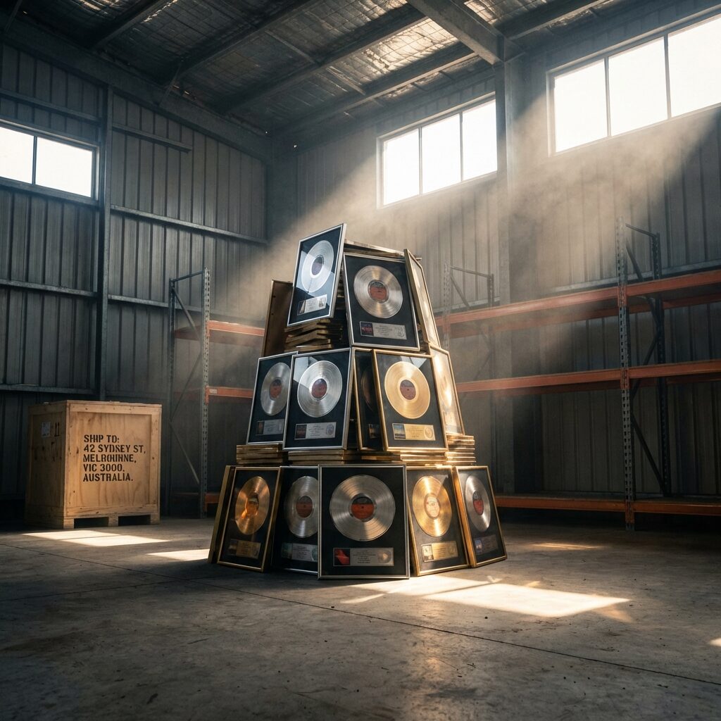 A towering stack of platinum record plaques in a warehouse, catching dramatic spotlight beams. Gold and platinum discs reflecting light in different directions. Dust motes floating in the air. A shipping crate in the corner is labeled with an Australian address. Industrial warehouse setting with concrete floors and metal shelving. Contrast between the precious metal awards and the utilitarian storage space. Warm metallic tones against cool gray industrial backdrop. Cinematic lighting style.