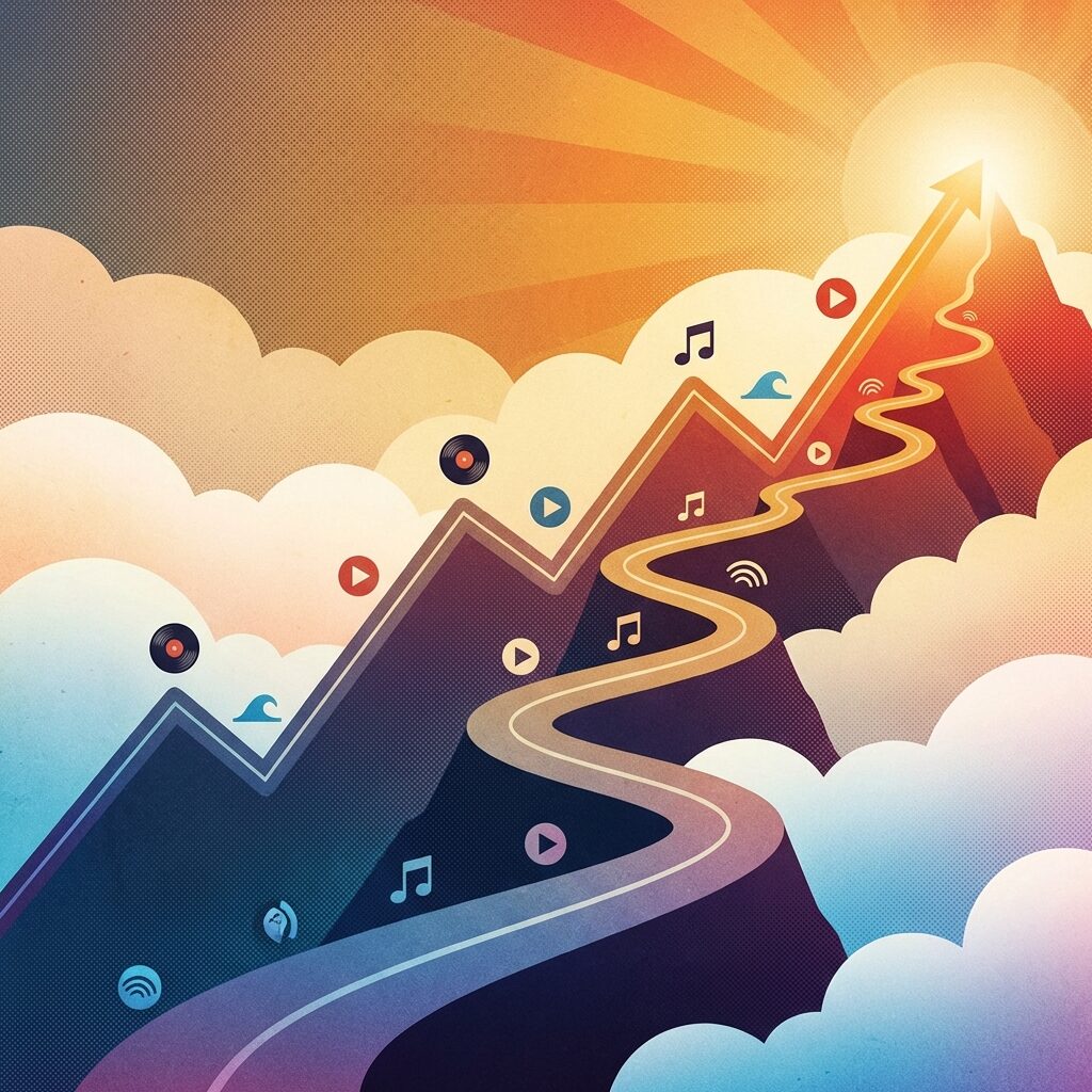 A stylized artistic rendering of a glowing digital streaming counter display showing billions of plays, set against a backdrop of cascading vinyl records and modern smartphone screens. The contrast between old vinyl and digital interfaces creates visual tension. Gold and platinum record plaques frame the edges of the composition. Warm golden light emanates from the counter. The overall aesthetic bridges vintage and modern, analog and digital, with a celebratory but understated mood.