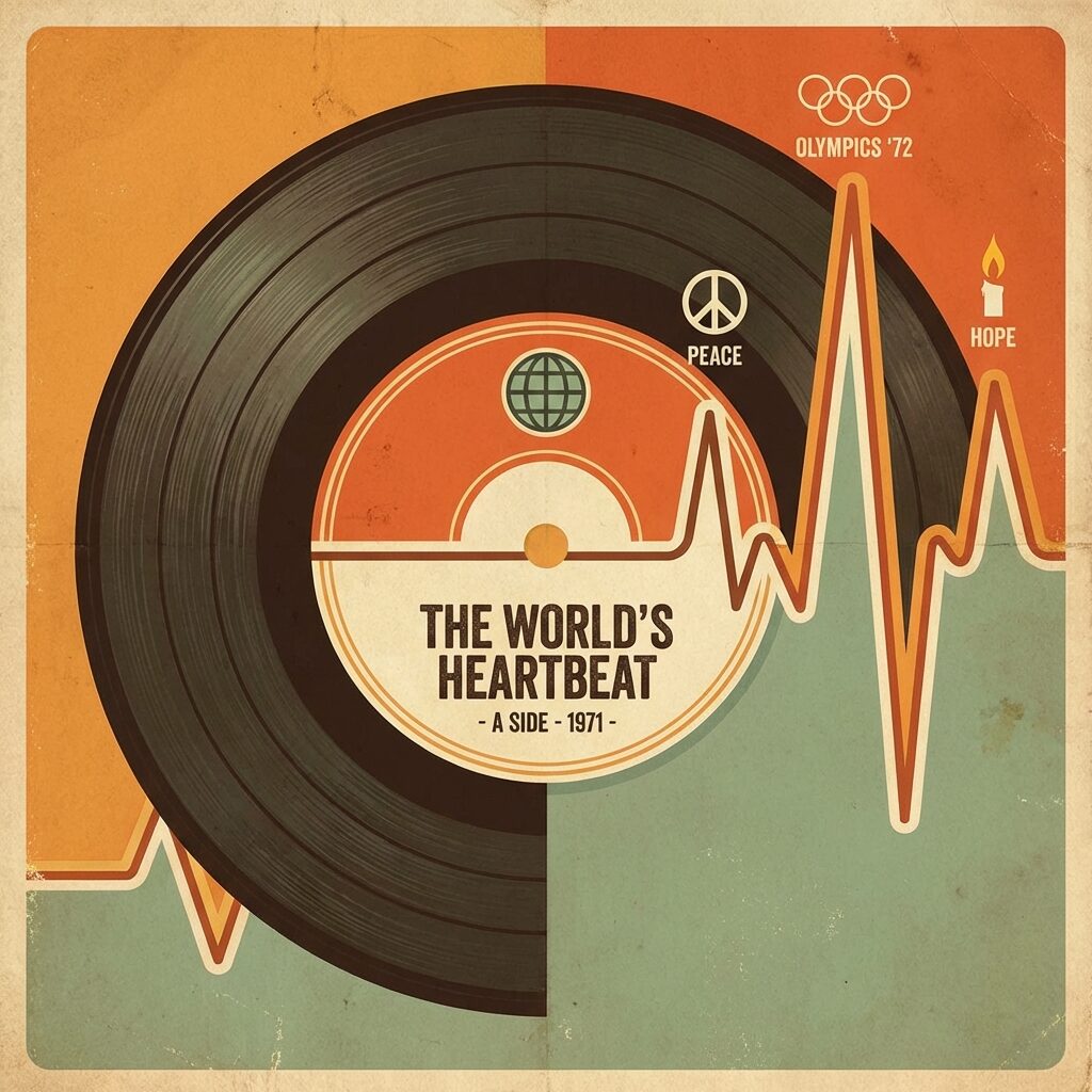 A stylized illustration of a vinyl single record sitting on a chart graph that rises and falls like a heartbeat monitor, with small icons along the peaks representing world events — a peace symbol, Olympic rings, a candle flame. The record label is simple and era-appropriate for 1971. Warm retro color palette of oranges, creams, and muted greens. The style evokes vintage music industry graphics. Square composition.