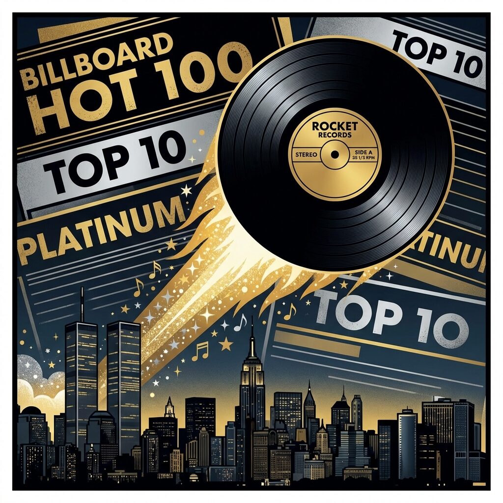 A stylized illustration of a vinyl record rising like a rocket through layers of a Billboard chart, leaving a trail of gold and platinum sparkles behind it. The record label is visible but generic — no real logos. Below, a skyline of 1980s New York City stretches across the bottom of the frame. The color palette is bold golds, silvers, and deep blacks against a midnight blue sky. The style evokes vintage music industry graphics with a modern polish.