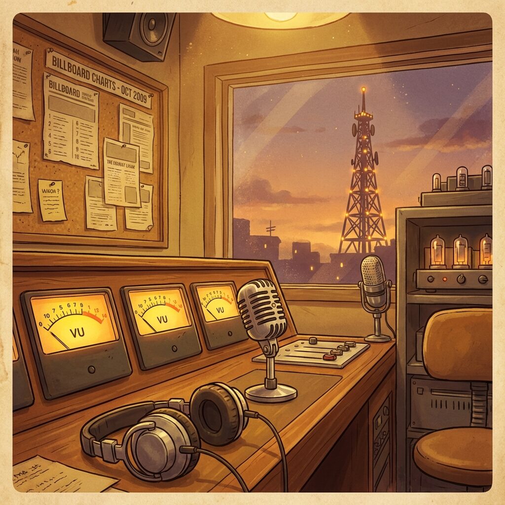 A stylized artistic rendering of a vintage radio control room circa 2009, with illuminated VU meters glowing, a large radio tower visible through the studio window against a sunset sky, Billboard charts pinned to a cork board on the wall, the warm glow of tube amplifiers, retro microphones and headphones on a broadcast desk, illustrated in a warm nostalgic palette with golden and amber tones