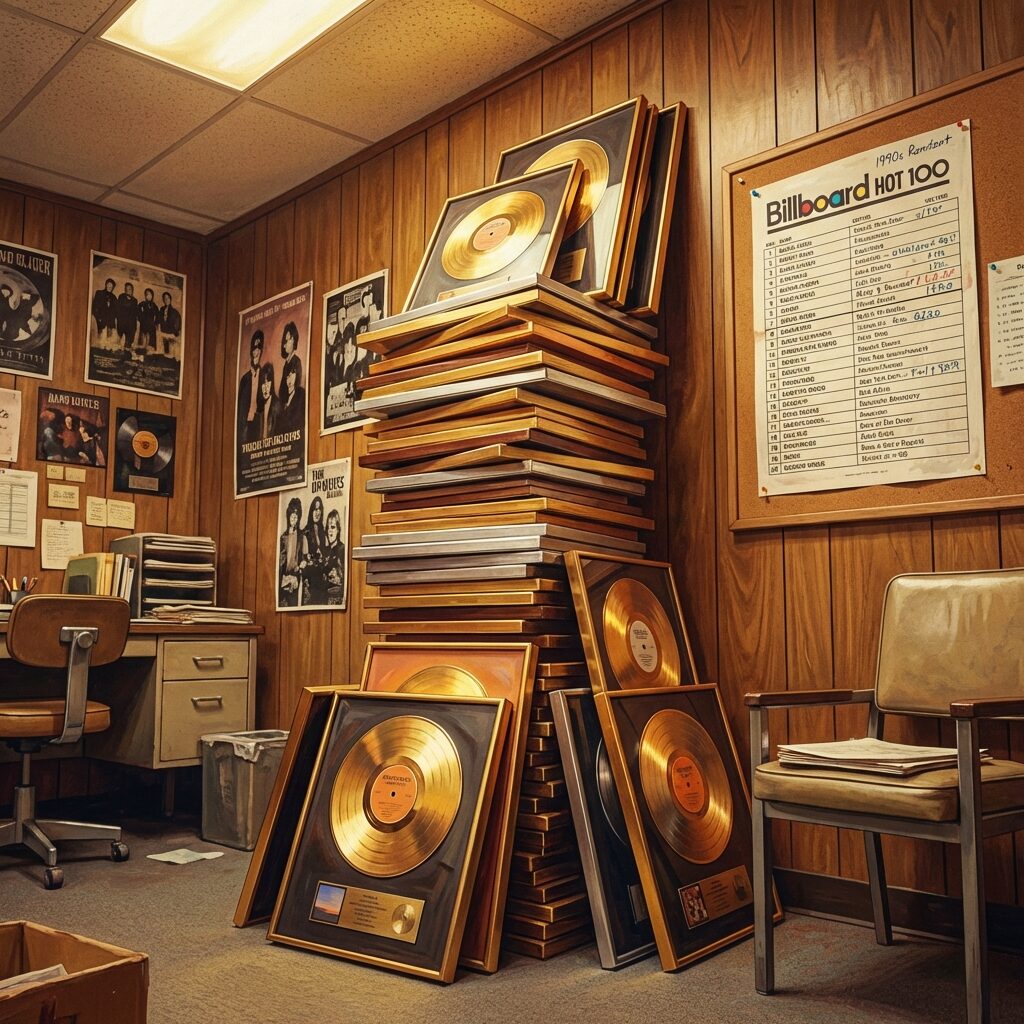 A stylized artistic scene of a towering stack of gold and platinum record plaques leaning against a wall in a record label office, warm overhead lighting reflecting off the metallic surfaces, a 1990s Billboard chart printout pinned to a corkboard in the background, vintage office aesthetic with wood paneling, celebratory but understated mood, warm gold and amber tones, square composition