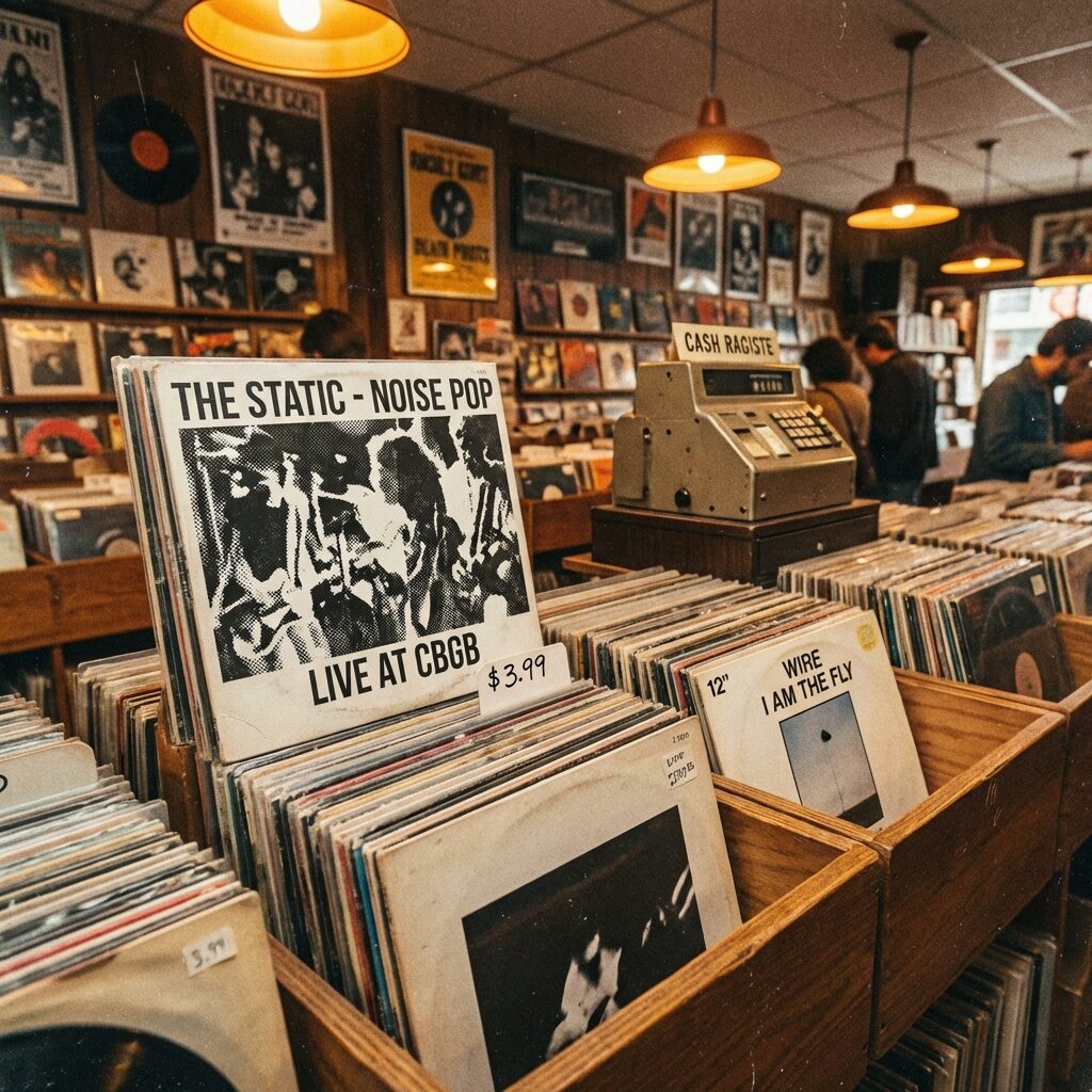 A stylized record store scene from the late 1970s: wooden bins filled with vinyl LPs, a prominent album with a distorted photocopy-style cover facing outward, a small handwritten price tag, a 12-inch single sleeve nearby, warm overhead lighting, vintage cash register in the background, dust motes in the air, nostalgic independent record shop atmosphere.