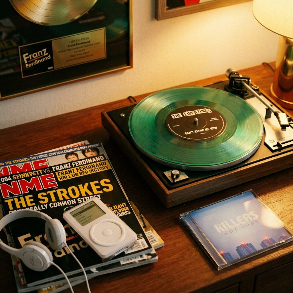 A stylized still life arrangement showing a translucent green 7-inch vinyl record on a turntable, surrounded by era-appropriate items from 2004: a stack of NME magazines, a first-generation iPod, a CD jewel case, all arranged on a desk with warm incandescent lighting, a gold certification plaque visible on the wall in the background slightly out of focus, the scene rendered in rich warm tones with detailed textures on the vinyl grooves and paper