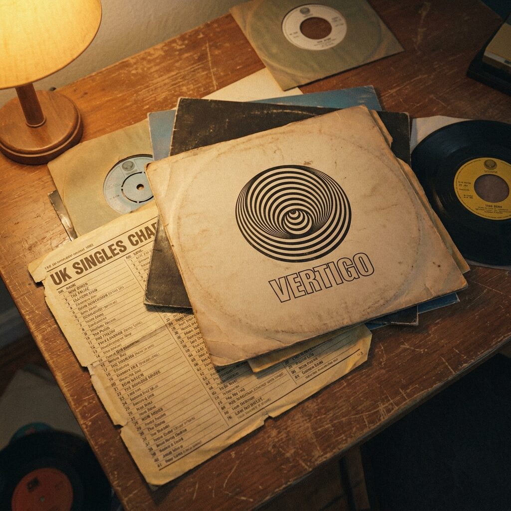 A collection of vintage vinyl records and 45 RPM singles scattered on a wooden surface, one record sleeve prominently featuring a Vertigo Records label, a UK chart listing visible on aged newspaper beneath, warm nostalgic lighting, slightly faded colors evoking early 1980s record shops, photorealistic still life