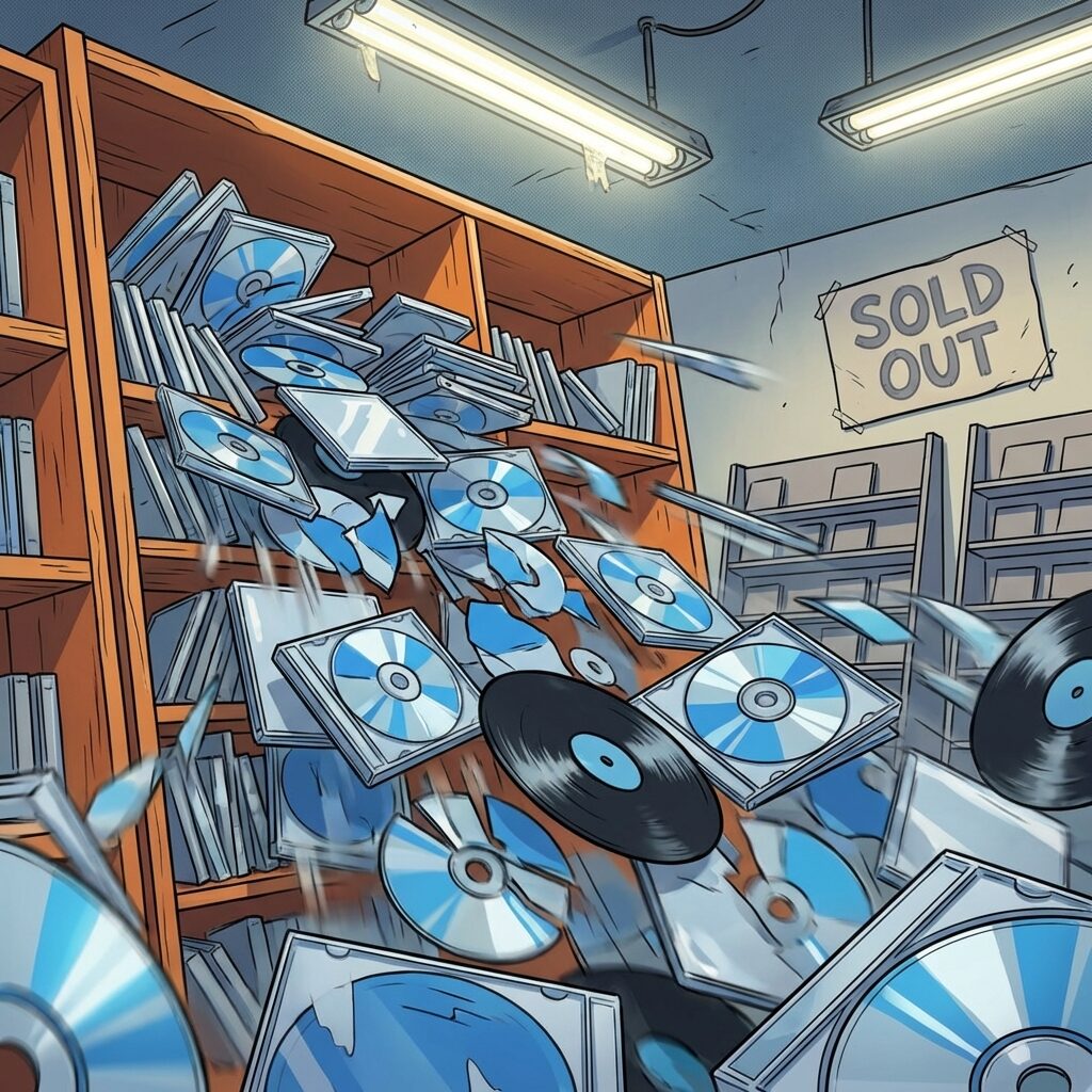 A towering, cascading avalanche of CD jewel cases and vinyl records tumbling and spilling out of an overwhelmed record store display rack, rendered in a stylized 1990s aesthetic. The CDs and records create a dynamic, almost explosive composition. In the background, a faded 