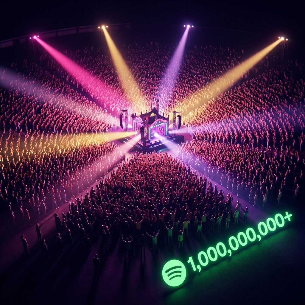 A stylized overhead view of a massive sold-out concert venue from above — thousands of tiny figures with raised hands forming a sea of silhouettes, lit by sweeping beams of pink, gold, and purple light from an elaborate stage setup. In one corner, a stylized Spotify streaming counter glows green, showing 