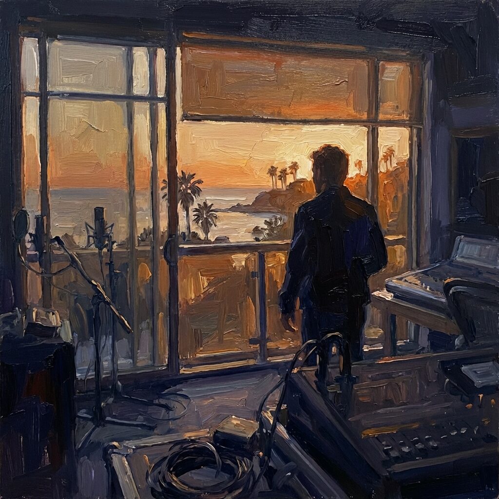 A solitary figure standing at a studio window looking out at a golden California sunset over the ocean, seen from behind in silhouette, recording equipment visible in the dim room behind them, the contrast between the warm outdoor light and the cool dark interior creates a contemplative mood, painterly brushstrokes, square composition, warm amber and deep indigo color palette