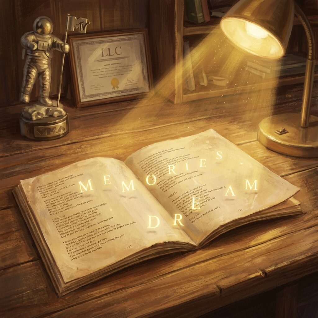 A stylized artistic rendering of an open CD booklet lying on a wooden surface, with scattered capitalized letters glowing faintly among printed lyrics, a golden spotlight falling across the page, a VMA moonman trophy and a small LLC certificate visible in soft focus in the background, warm nostalgic lighting suggesting the passage of time, intimate and reflective mood, painterly illustration with rich textures and golden tones