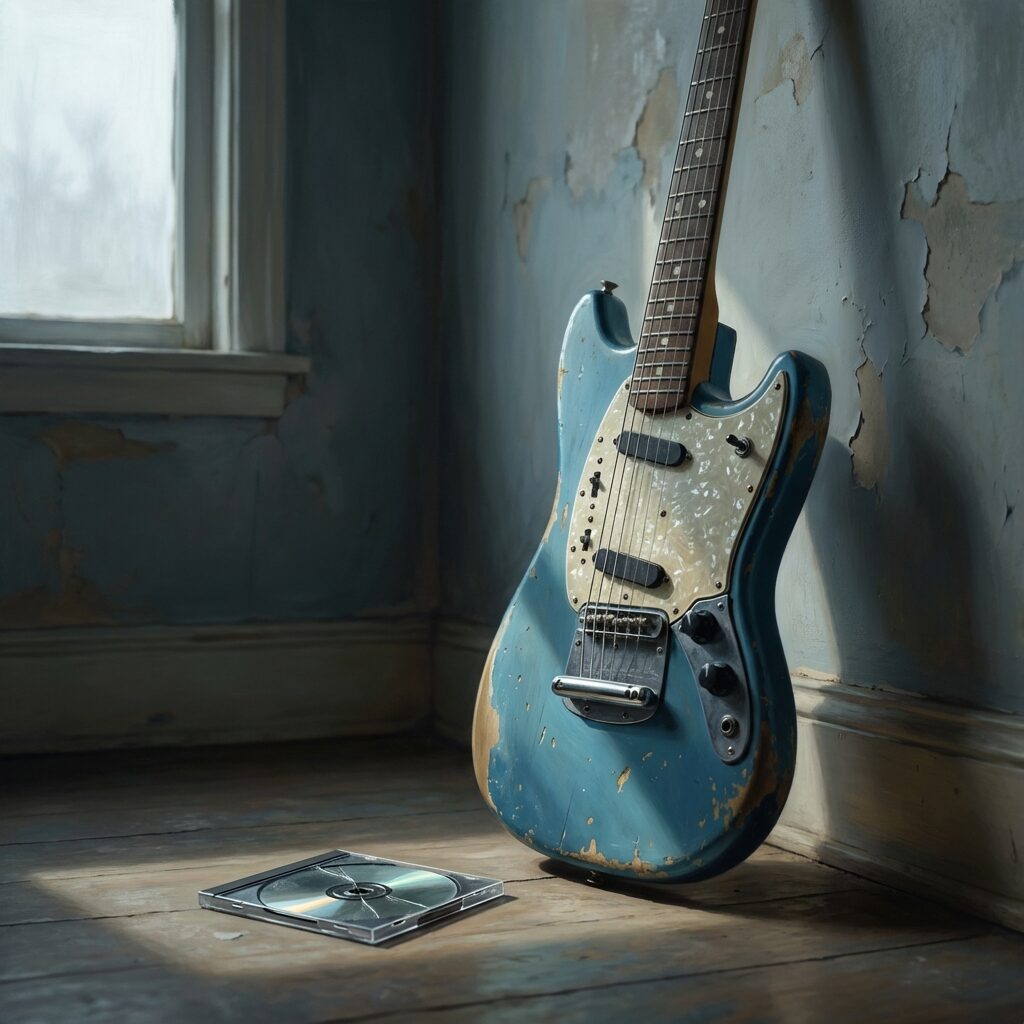 A solitary electric guitar — a battered Fender Mustang in faded Lake Placid Blue — leaning against a wall in an empty, dimly lit room. The guitar shows heavy wear: chips in the finish, scratched pickguard, worn frets. On the floor beside it, a cracked CD jewel case reflects a sliver of light. A single window lets in pale, overcast daylight that falls across the scene in a long, quiet shaft. The mood is contemplative, melancholic, and honest — beauty found in imperfection. Muted color palette with cool blues and warm amber highlights. Square format, painterly photorealistic style with shallow depth of field.