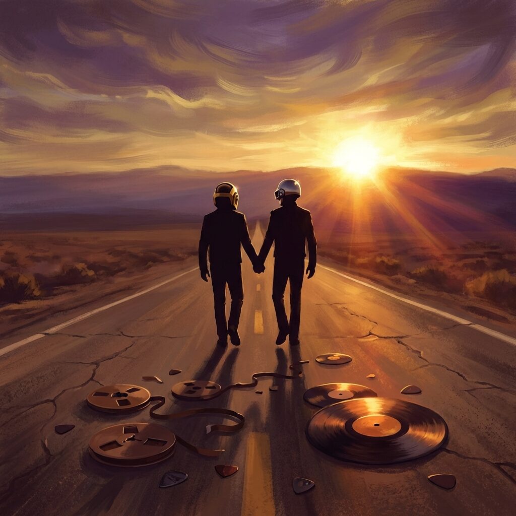 A stylized artistic scene at golden hour: two robot helmet silhouettes — one gold, one silver — walking away from the viewer down a long desert highway that stretches toward a brilliant sunrise on the horizon. Behind them, scattered on the road, are fragments of tape reels, vinyl records, and guitar picks catching the warm light. The sky transitions from deep purple overhead to blazing amber and gold at the horizon. The mood is bittersweet and final — an ending that contains a beginning. Cinematic widescreen composition adapted to square format, painterly style with warm desert tones. No text.