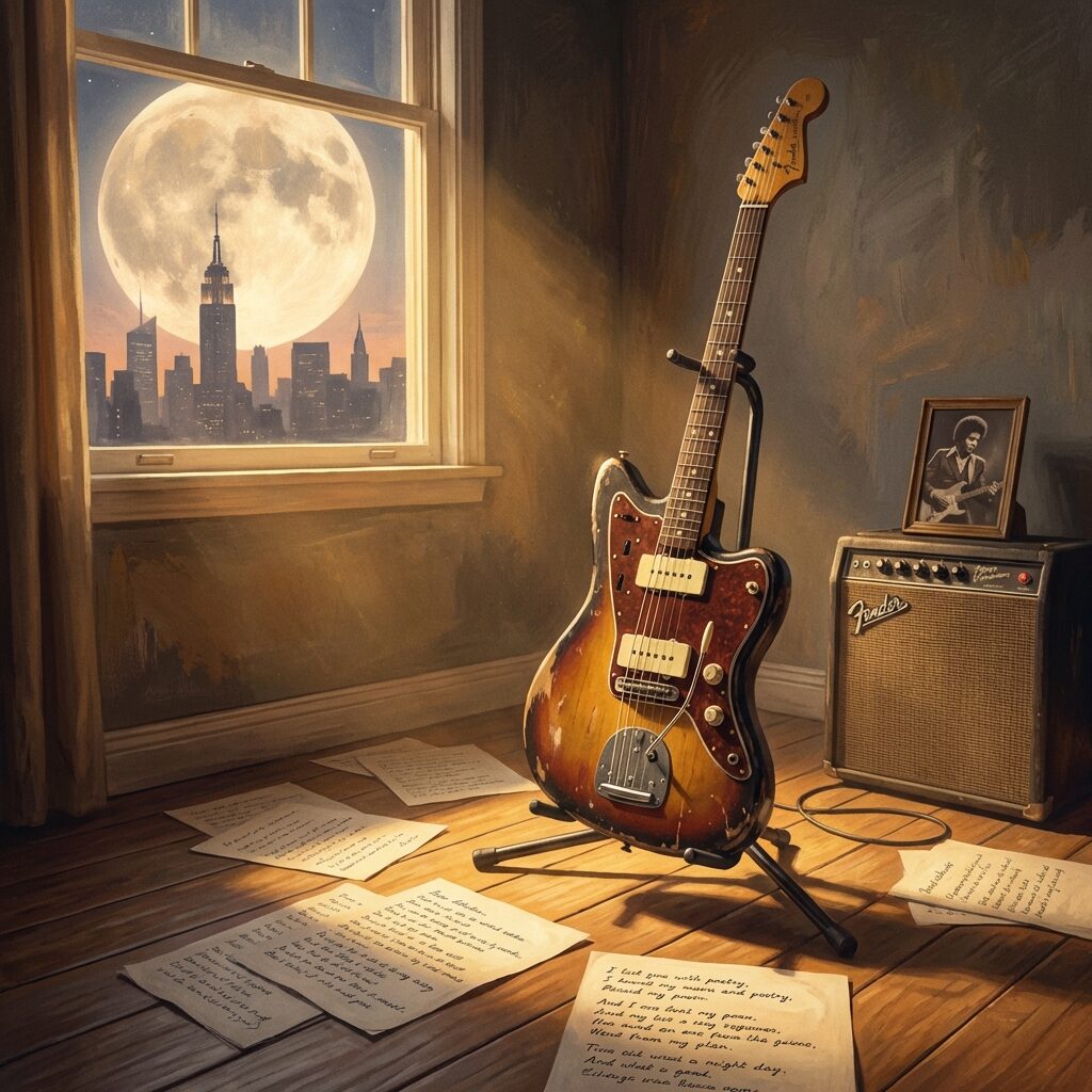 A stylized, contemplative scene: a single electric guitar (Fender Jazzmaster) resting on a stand in an empty room, a window showing the New York City skyline at dusk with a large full moon rising, warm golden light falling across scattered handwritten pages of lyrics and poetry on the floor, peaceful yet melancholic atmosphere, tribute to a musician