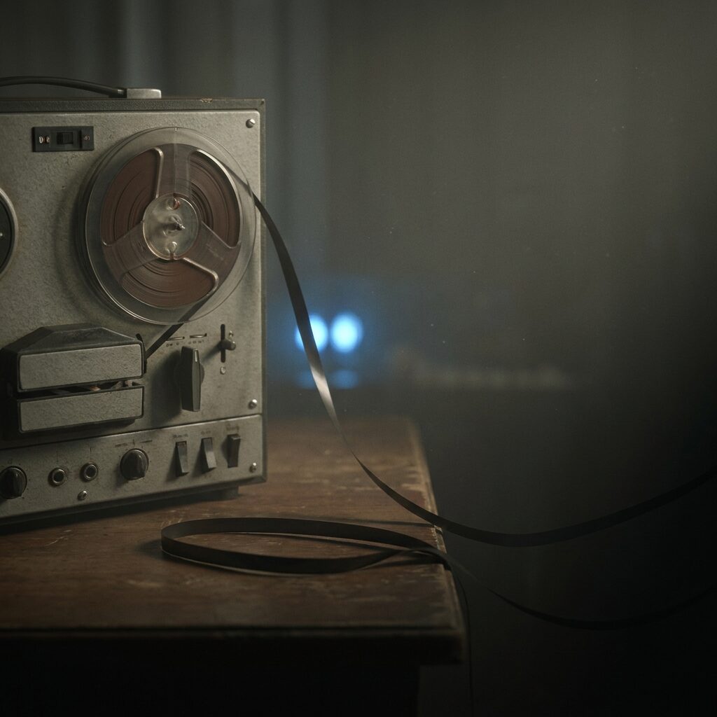 A single reel-to-reel tape slowly unwinding in soft diffused light, the loose tape trailing into shadow, a faint blue glow behind it like distant eyes, minimalist composition suggesting both endings and continuations, quiet melancholy, the feeling of something that refuses to fully fade away