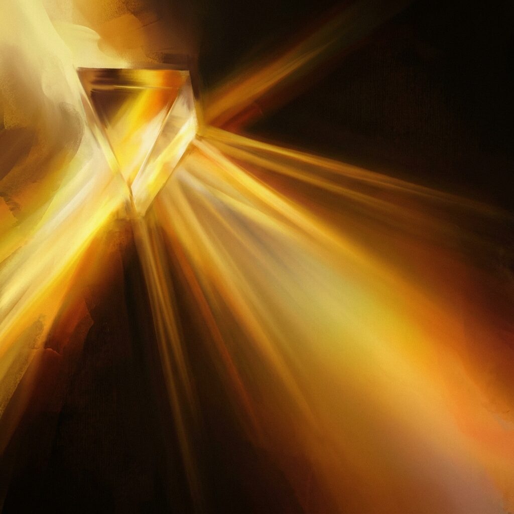 An abstract stylized rendering of yellow light as pure frequency — warm wavelengths refracting through a glass prism onto a dark background, golden rays fanning out into a soft gradient, ethereal painterly composition, minimal, cinematic, evocative of color as emotion rather than image