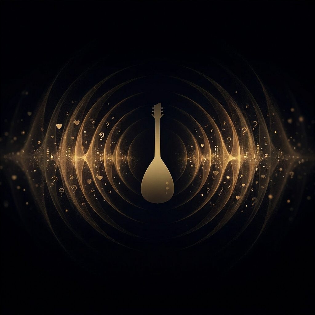 A lone teardrop-shaped electric guitar silhouette placed at the center of a vast dark space, with concentric sound waves radiating outward from it in all directions, growing fainter as they expand. The waves carry tiny fragments of imagery — hearts, question marks, city lights — that dissolve into the darkness at the edges. Deep black background with the guitar and inner waves in muted gold and warm amber. The mood is contemplative, unresolved, quietly powerful. No text, no people.