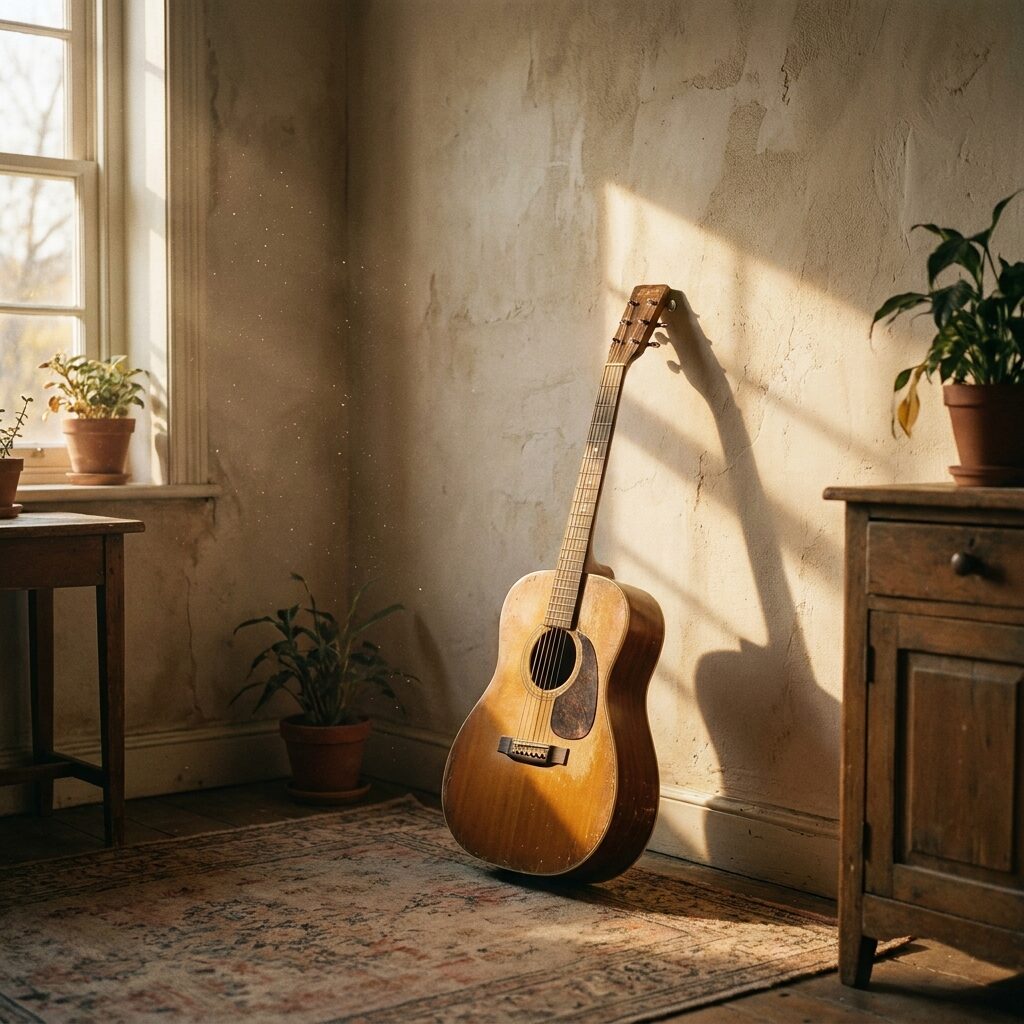 An acoustic guitar resting against a wall in a quiet room, bathed in warm late-afternoon sunlight streaming through a window, dust motes floating in the light, a sense of stillness and permanence, the guitar casting a long shadow, simple and emotionally resonant composition, golden hour photography aesthetic, no text or faces